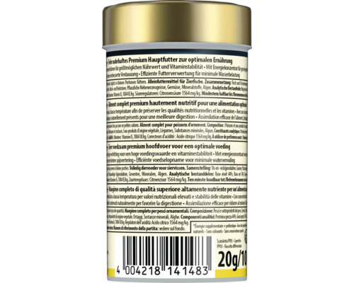Rückseite einer Dose Premium Hauptfutter für Zierfische mit Nährwertangaben und Barcode.