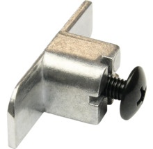 Glashalter aus Metall mit schwarzer Klemmschraube für Möbelregalböden.