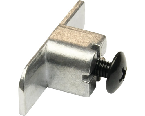 Glashalter aus Metall mit schwarzer Klemmschraube für Möbelregalböden.