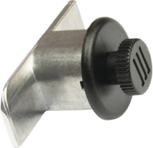 Fenstersicherung aus Metall mit schwarzem Kunststoff-Drehknopf.