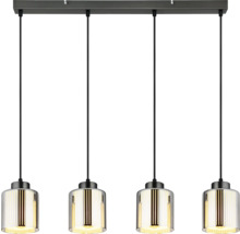 4-flammige Pendelleuchte mit zylindrischen Glasschirmen und schwarzem Deckenbalken aus Metall.