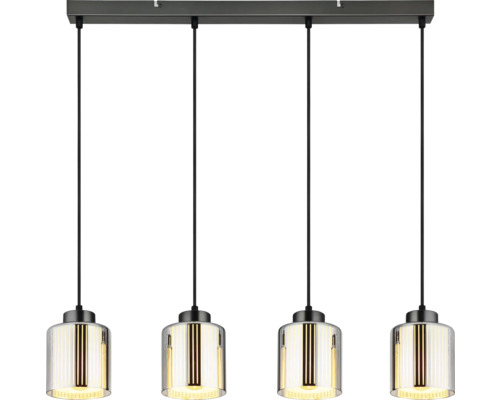 4-flammige Pendelleuchte mit zylindrischen Glasschirmen und schwarzem Deckenbalken aus Metall.