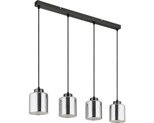 Pendelleuchte 4-flammig mit geriffelten Glasschirmen in Chrom und schwarzer Deckenhalterung