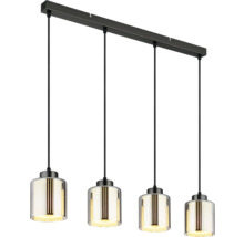 Moderne vierflammige Pendelleuchte mit zylindrischen Glasschirmen und schwarzer Halterung.
