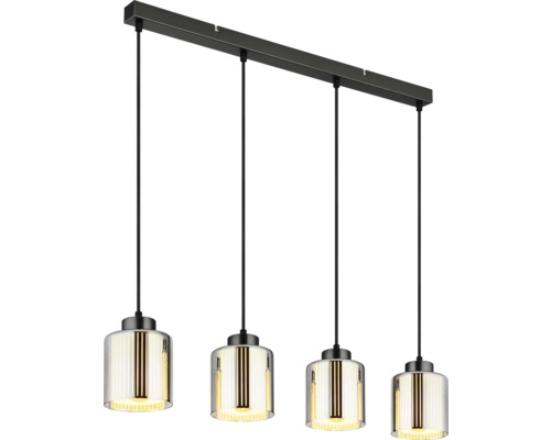 Moderne vierflammige Pendelleuchte mit zylindrischen Glasschirmen und schwarzer Halterung.