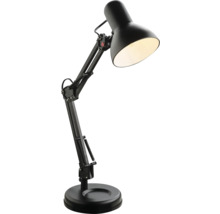 Schwarze Schreibtischlampe aus Metall mit verstellbarem Gelenkarm und rundem Standfuß.