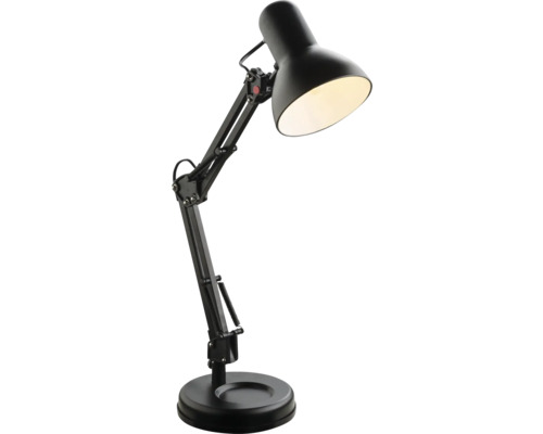Schwarze Schreibtischlampe aus Metall mit verstellbarem Gelenkarm und rundem Standfuß.
