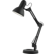 Schwarze Schreibtischlampe aus Metall mit verstellbarem Gelenkarm und Federn.