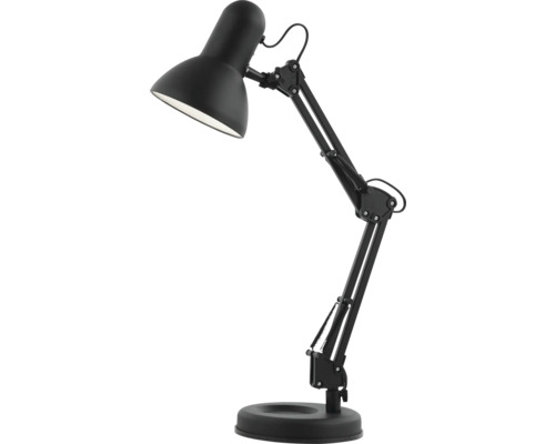 Schwarze Schreibtischlampe aus Metall mit verstellbarem Gelenkarm und Federn.