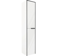 Hochschrank für das Badezimmer, Weiß Hochglanz mit schwarzer Umrandung und schwarzem Griff.