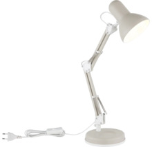 Graue Schreibtischlampe mit verstellbarem Gelenkarm, Federn, rundem Standfuß und Netzkabel mit Schalter.