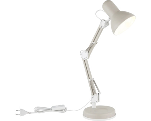 Graue Schreibtischlampe mit verstellbarem Gelenkarm, Federn, rundem Standfuß und Netzkabel mit Schalter.