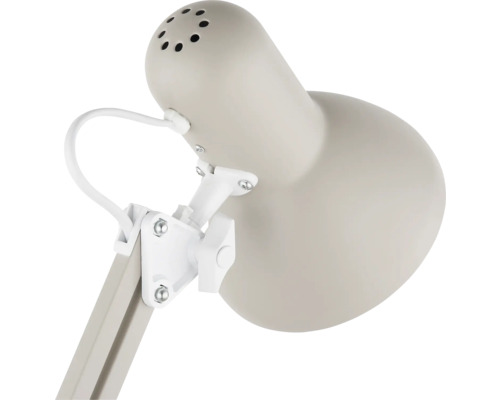Verstellbare Schreibtischlampe aus Metall in Beige mit weißem Gelenk und Lüftungslöchern am Lampenkopf.