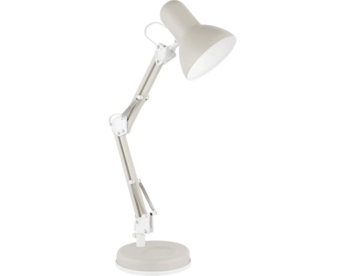 Verstellbare Schreibtischlampe aus Metall in Beige mit rundem Standfuß und Gelenkarm.