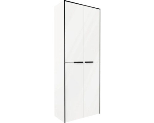 Hoher weißer Schrank mit zwei Türen, schwarzen Kanten und schwarzen Griffen.