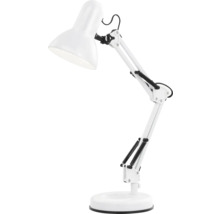 Weiße Schreibtischlampe aus Metall mit verstellbarem Gelenkarm und rundem Standfuß.