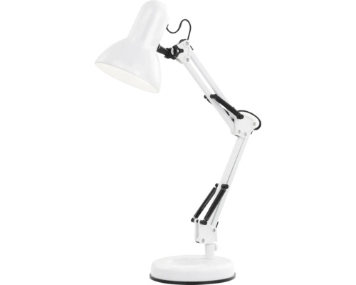Weiße Schreibtischlampe aus Metall mit verstellbarem Gelenkarm und rundem Standfuß.