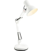 Weiße verstellbare Schreibtischlampe mit Gelenkarm und rundem Standfuß.