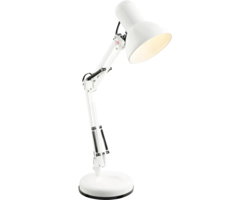 Weiße verstellbare Schreibtischlampe mit Gelenkarm und rundem Standfuß.