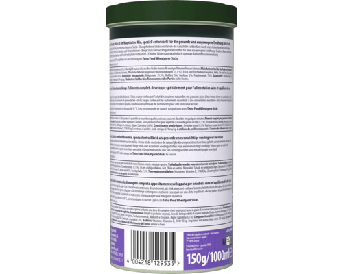 Rückseite der Dose Tetra Pond Variety Sticks Fischfutter für Gartenteichfische mit Inhaltsstoffen, Fütterungshinweisen und Barcode.