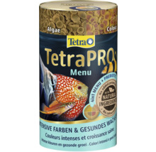 Fischfutter TetraPRO Menu in einer Dose mit verschiedenen Zierfischen abgebildet.