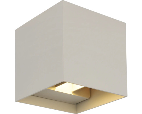 Würfelförmige, weiße Gipsleuchte für Wand oder Decke mit nach unten gerichtetem Licht.