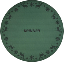 Runde Weihnachtsbaumunterlage von Krinner mit Rentier- und Schneeflockenmuster sowie Krinner Logo.