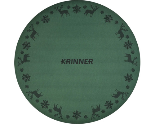 Runde Weihnachtsbaumunterlage von Krinner mit Rentier- und Schneeflockenmuster sowie Krinner Logo.