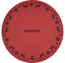 Rote, runde Christbaumständer-Unterlage von Krinner mit schwarzem Rentier- und Schneeflocken-Dekor.
