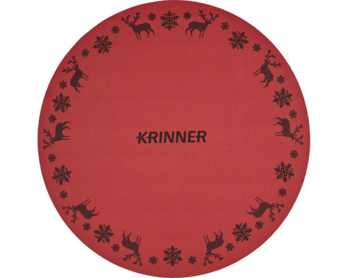 Rote, runde Christbaumständer-Unterlage von Krinner mit schwarzem Rentier- und Schneeflocken-Dekor.