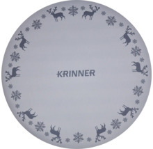 Runde Abdeckung für Christbaumständer von Krinner mit Rentier- und Schneeflockenmuster und Krinner Logo.
