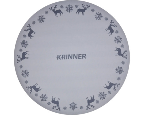 Runde Abdeckung für Christbaumständer von Krinner mit Rentier- und Schneeflockenmuster und Krinner Logo.