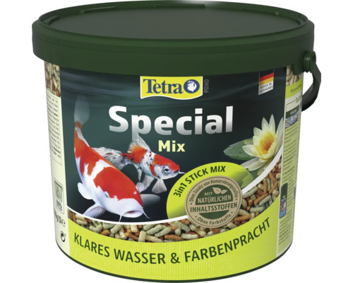 Tetra Logo auf Eimer Tetra Pond Special Mix Fischfutter, 3 in 1 Stick-Mix für klares Wasser und Farbenpracht, hergestellt in Deutschland.