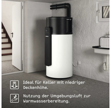 Stiebel Eltron Warmwasser-Wärmepumpe in einem Kellerraum mit niedriger Deckenhöhe, nutzt Umgebungsluft zur Warmwasserbereitung.