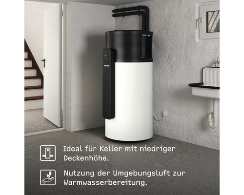 Stiebel Eltron Warmwasser-Wärmepumpe in einem Kellerraum mit niedriger Deckenhöhe, nutzt Umgebungsluft zur Warmwasserbereitung.