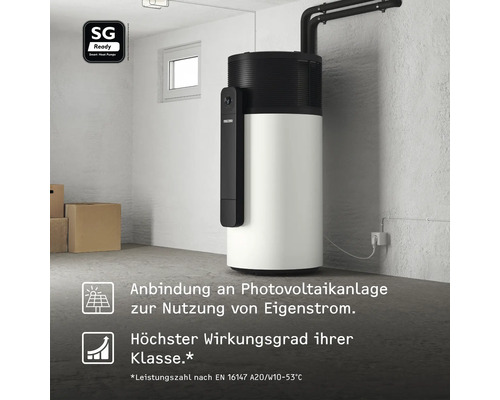 Warmwasser-Wärmepumpe in einem hellen Kellerraum mit Rohrleitungen und Stromanschluss. Symbole für Photovoltaik-Nutzung und SG Ready Logo.