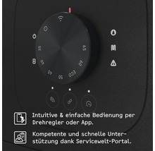 Bedienfeld mit Drehregler für Temperatureinstellungen von 35 bis 65 Grad Celsius, App-Steuerung und Symbole für WLAN und Service-Portal.