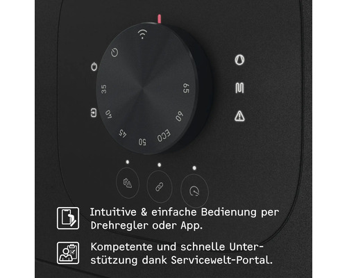 Bedienfeld mit Drehregler für Temperatureinstellungen von 35 bis 65 Grad Celsius, App-Steuerung und Symbole für WLAN und Service-Portal.