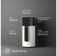 Warmwasser-Wärmepumpe Stiebel Eltron: Höhe 147,8 Zentimeter, Durchmesser 65,0 Zentimeter, Gewicht 100 Kilogramm, Anschluss G 1, steckerfertig.