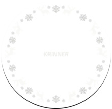 Runde Krinner Christbaumunterlage mit einem Rand aus Schneeflocken und Rentieren, Krinner Logo.