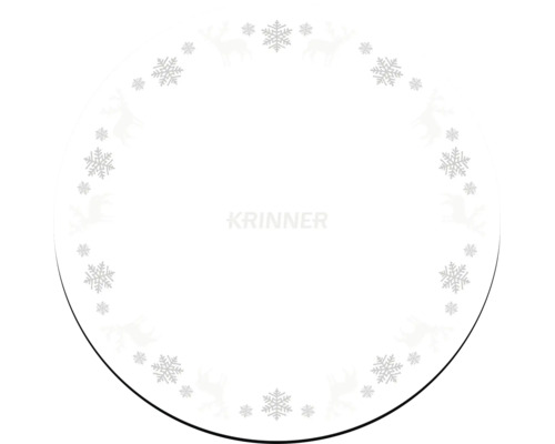 Runde Krinner Christbaumunterlage mit einem Rand aus Schneeflocken und Rentieren, Krinner Logo.