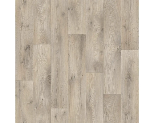 Laminatboden in Eiche-Optik mit natürlicher Holzmaserung und sichtbaren Astlöchern.