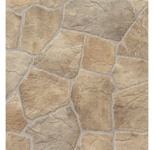 Wandverblender in beiger Natursteinoptik mit polygonalen Platten und strukturierter Oberfläche.