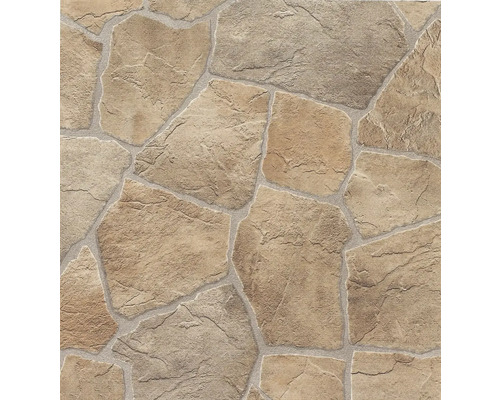 Wandverblender in beiger Natursteinoptik mit polygonalen Platten und strukturierter Oberfläche.