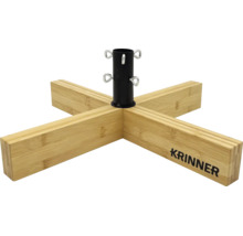 Krinner Christbaumständer mit Kreuzfuß aus Bambus und schwarzer Metallhalterung.