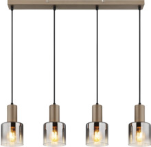 4-flammige Pendelleuchte mit rechteckiger Deckenhalterung aus Metall und zylindrischen Glasschirmen.