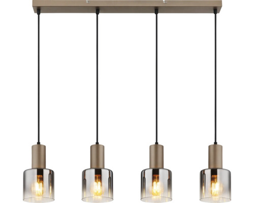 4-flammige Pendelleuchte mit rechteckiger Deckenhalterung aus Metall und zylindrischen Glasschirmen.