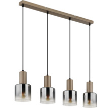 Vierflammige Hängeleuchte mit bronzefarbener Metallschiene und rauchgrauen Glaslampenschirmen.