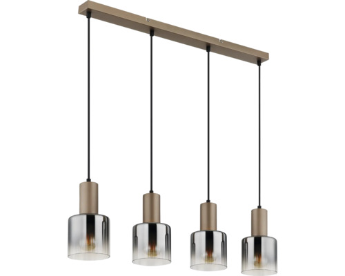 Vierflammige Hängeleuchte mit bronzefarbener Metallschiene und rauchgrauen Glaslampenschirmen.