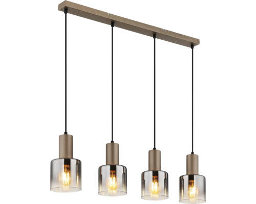 4-flammige Pendelleuchte mit rauchfarbenen Glasschirmen und bronzefarbenem Metallgestell.